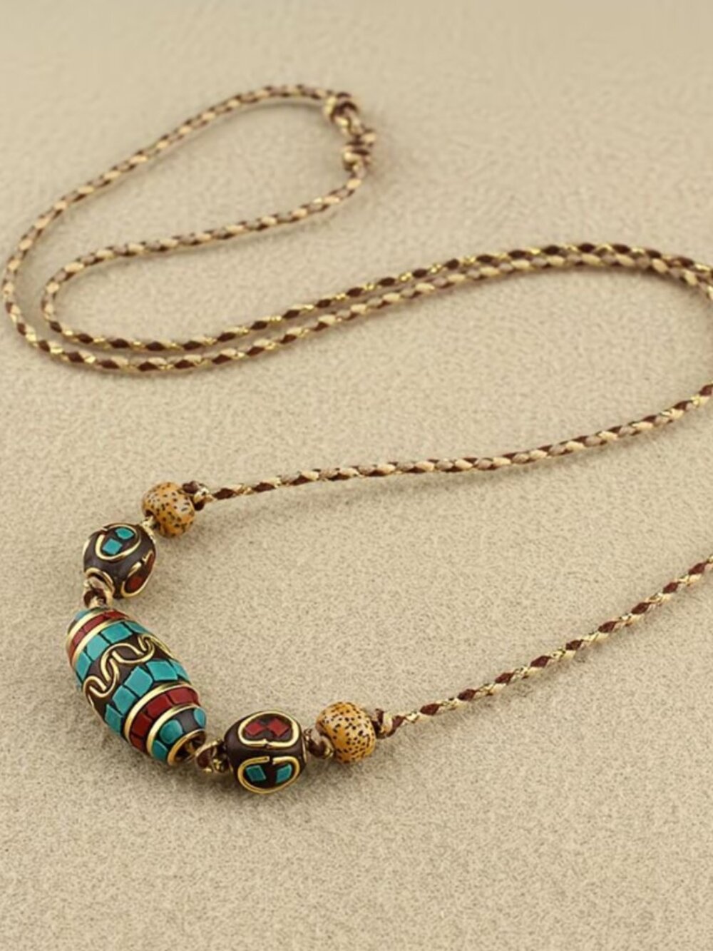 Handcrafted Nepalese Bead Pendant Adjustable Braided Two-Tone Cord Necklace